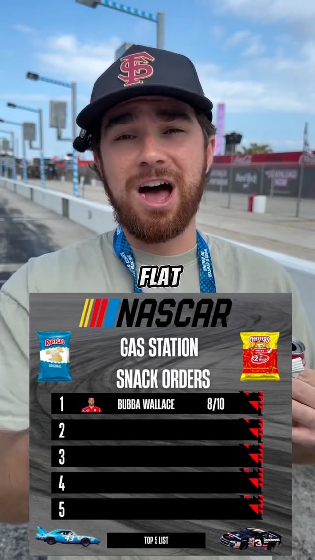 Instagram post by @chat.us.up for NASCAR. Caption reads: Episode one of NASCAR snack time 👀 #nascar....