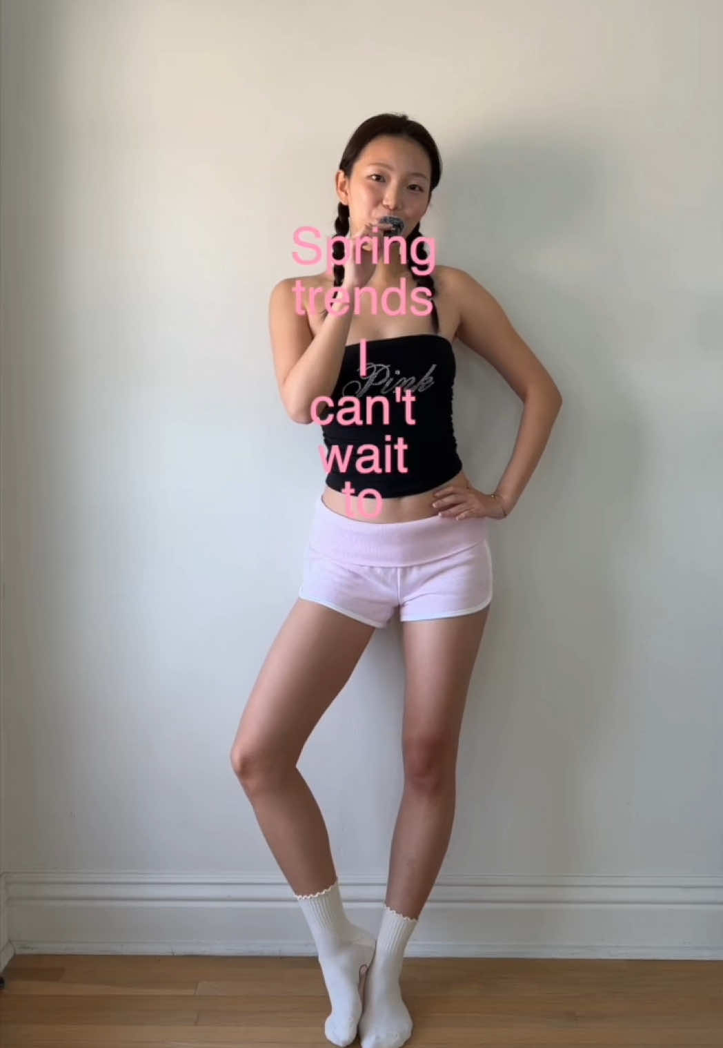 TikTok post by @kelly_kim_ for vspink. Caption reads: [...] I’ll be wearing!🤸🏻‍♀️💭 @VSPINK....