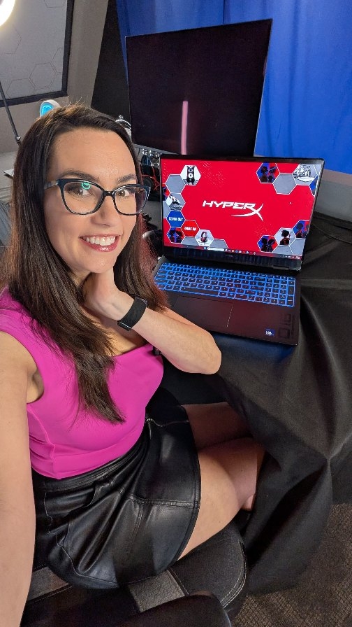 Instagram post by @thatgrltrish for HyperX. Caption reads: Self-cleaning gaming laptops?! 🤯 #hyperxpartner....