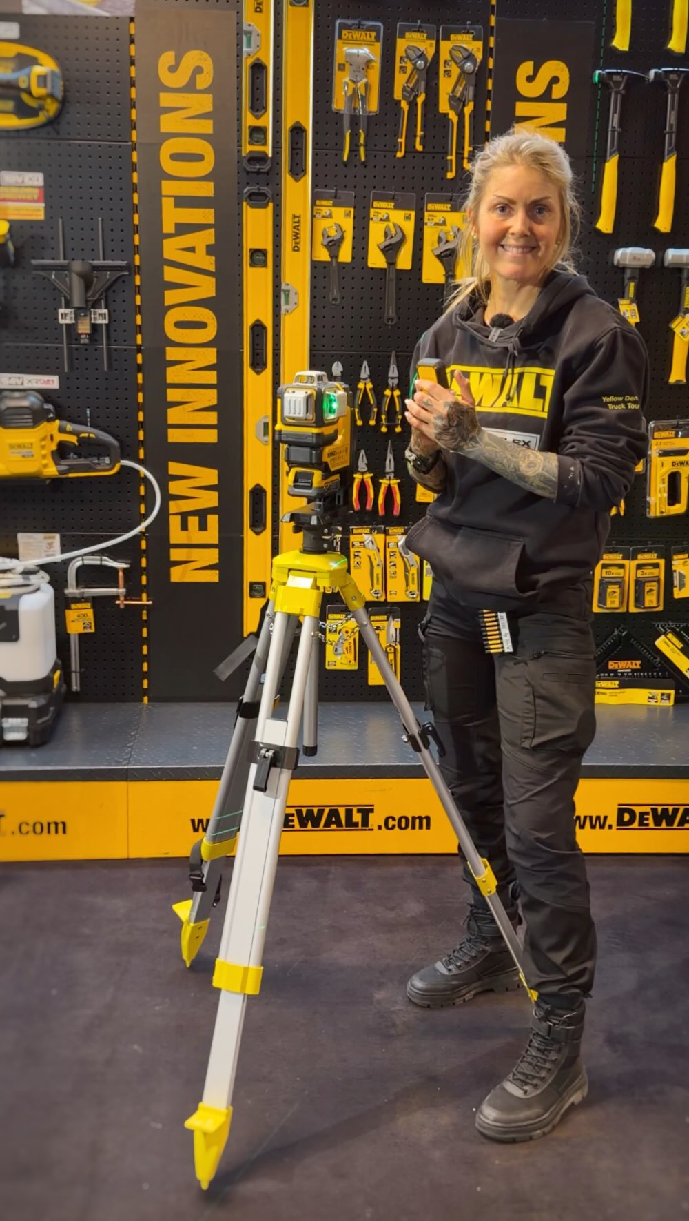 Instagram post by @katsol_snekker for DEWALT. Caption reads: Meet the DCLE34035 - our 360° laser that takes....