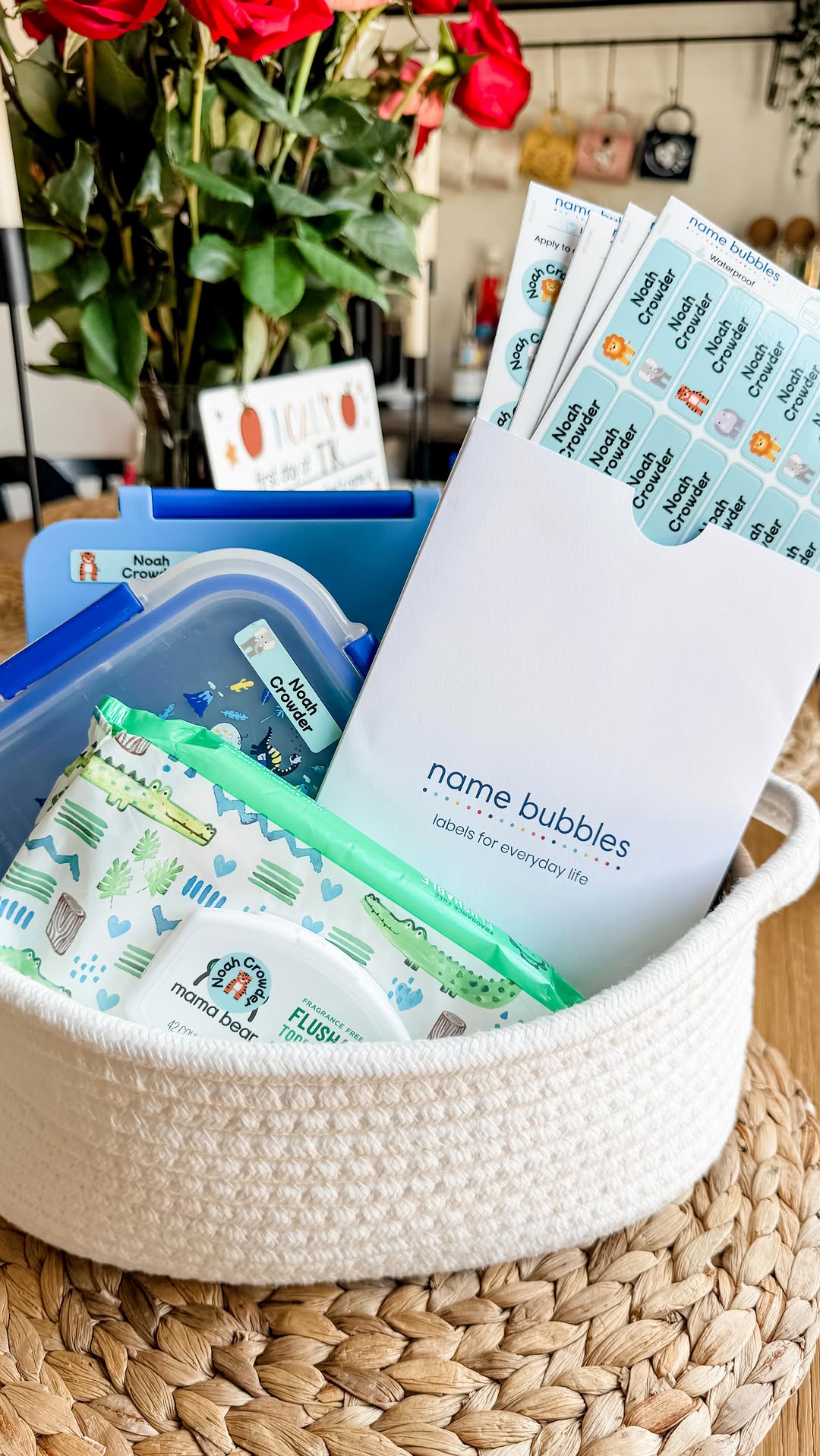 Instagram post by @themodishmama for Name Bubbles. Caption reads: If it leaves the house, it’s getting a label. 🙌 ....