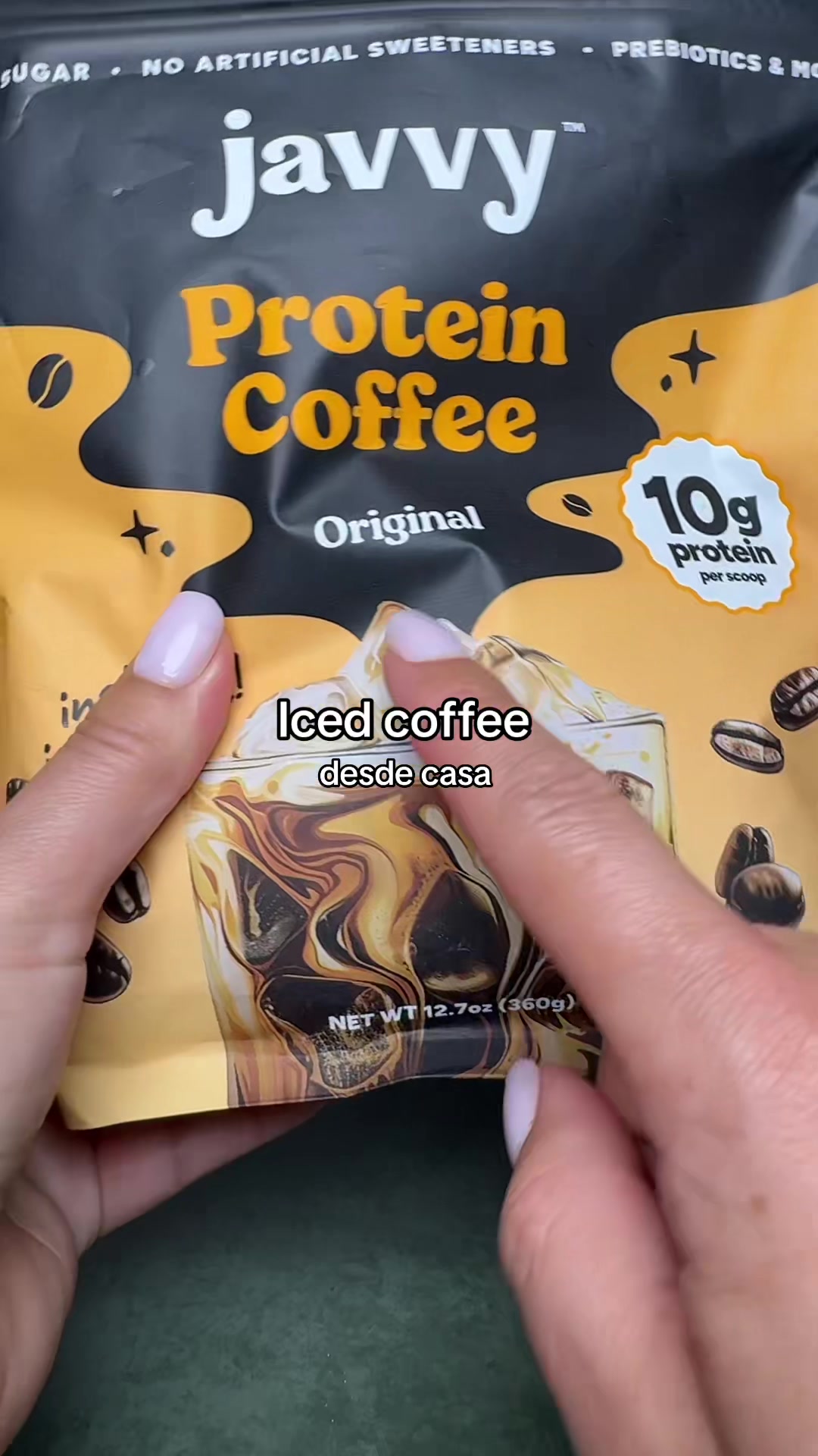 TikTok post by @lapotra505 for Javy Coffee. Caption reads: [...] Serving, No Added Sugar, 20....