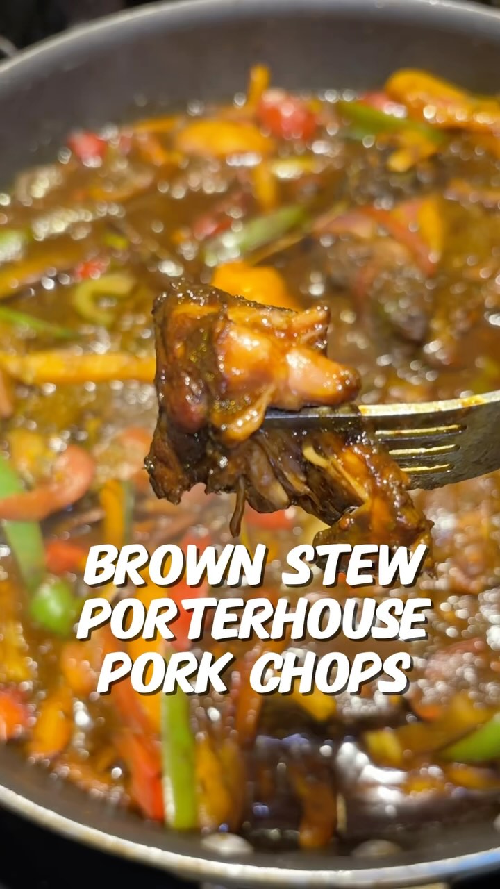 Instagram post by @justshanae for Soulful Pork. Caption reads: #ad This Brown Stew Porterhouse Pork Chops recipe....