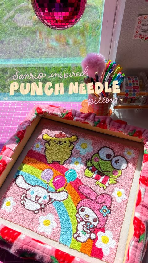 Instagram post by @allyblaireco for Sanrio. Caption reads: One of my favorite punch needle projects to date....
