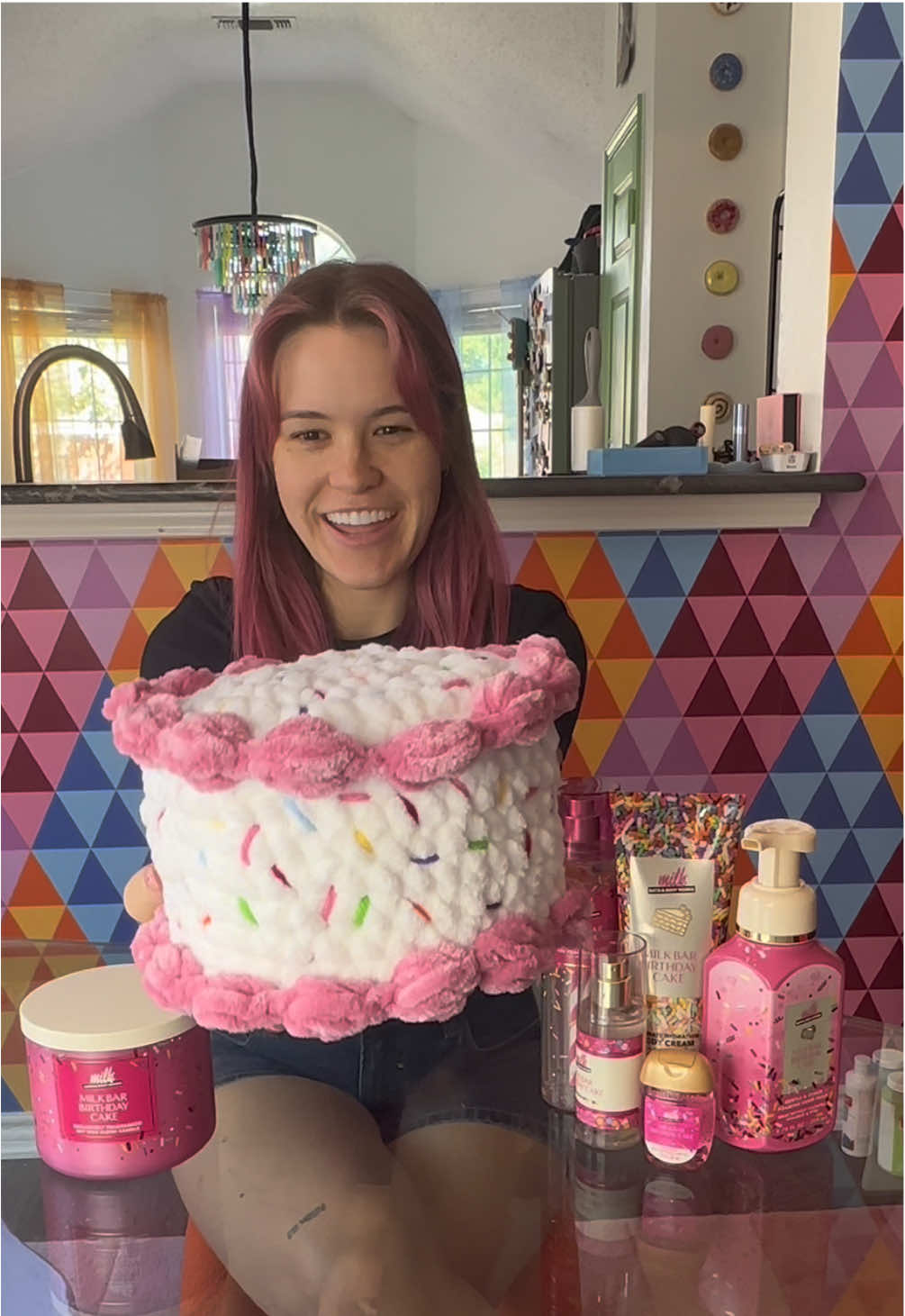 TikTok post by @kaarinjoy for Milk Bar. Caption reads: #Ad Crochet a cake with me inspired by @Bath &....