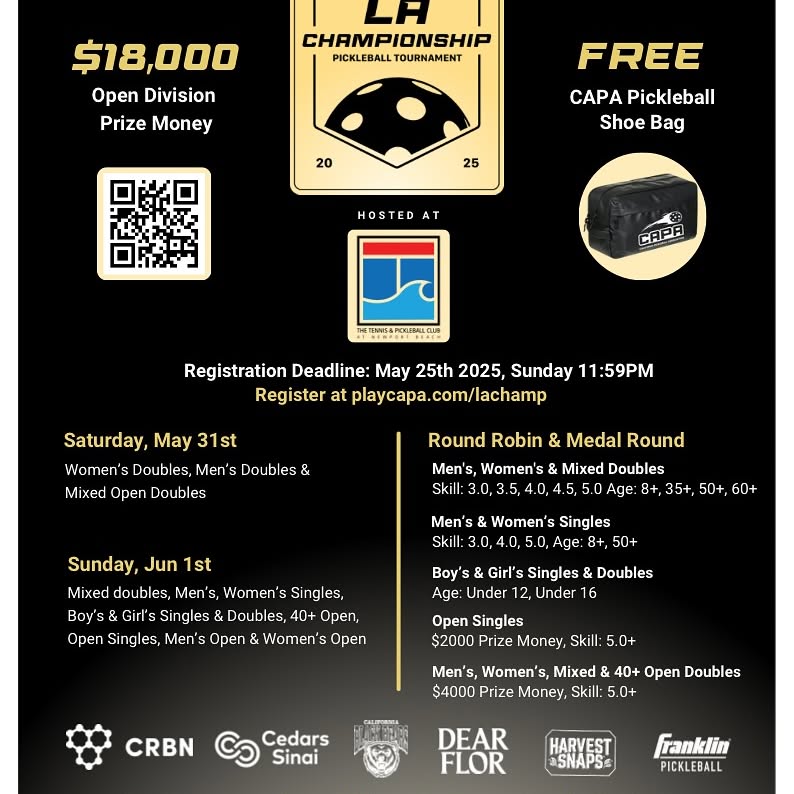 Instagram post by @newportbeachttc for Crbn Pickleball. Caption reads: [...] 2025 $18,000 presented by @crbnpickleball....