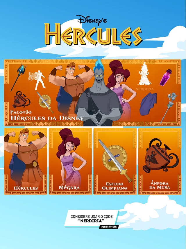 Instagram post by @nerdiria for Epic Games Store. Caption reads: 🛍️HÉRCULES x FORTNITE — Disponível na Loja dia 28....