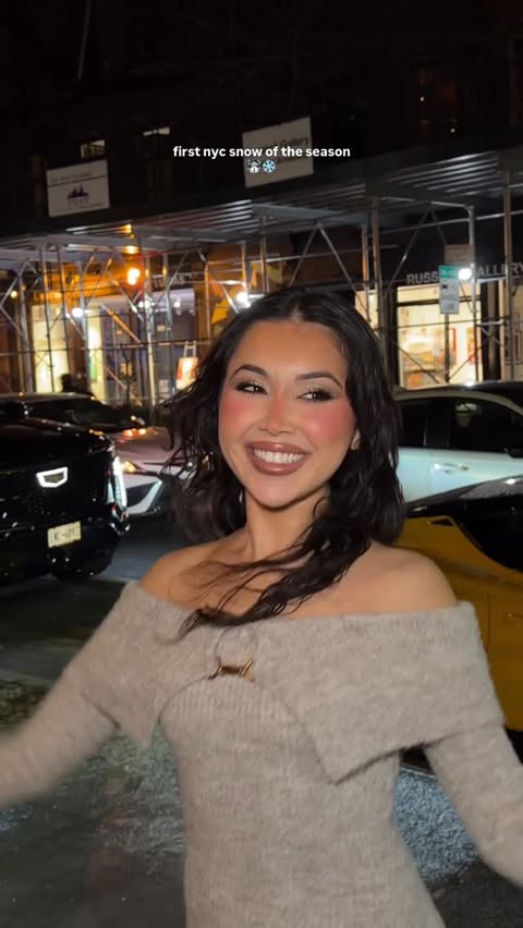 Instagram post by @nazliayunus for Meshki. Caption reads: just a texas baby in nyc ☃️❄️.