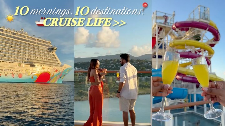 Instagram post by @mridul_sharmaa for Norwegian Cruise Line. Caption reads: Around this time last year, we were two water....