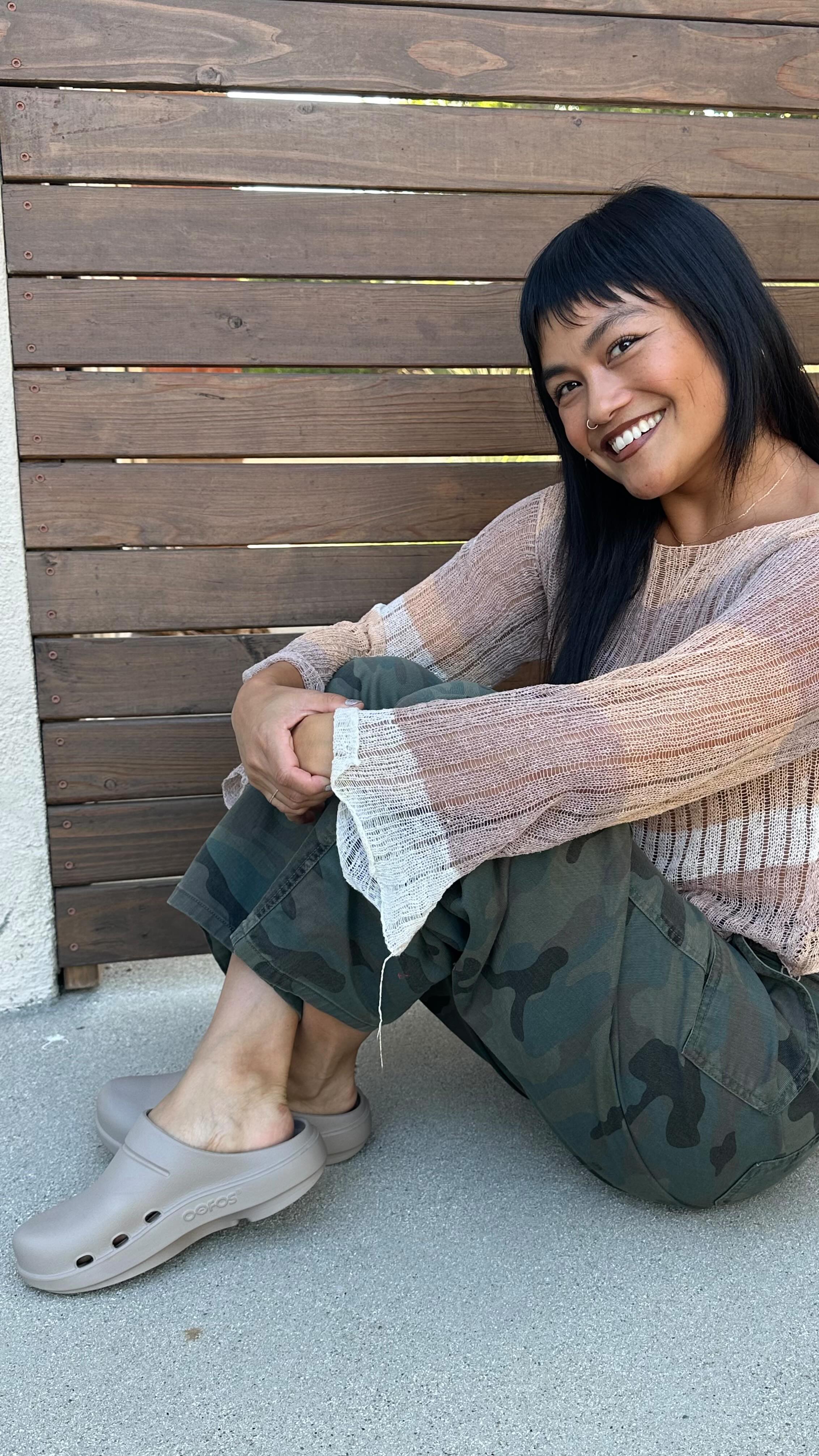 Instagram post by @karenschuang for OOFOS. Caption reads: October 13, 2025 :: FALLin’ in love with my....