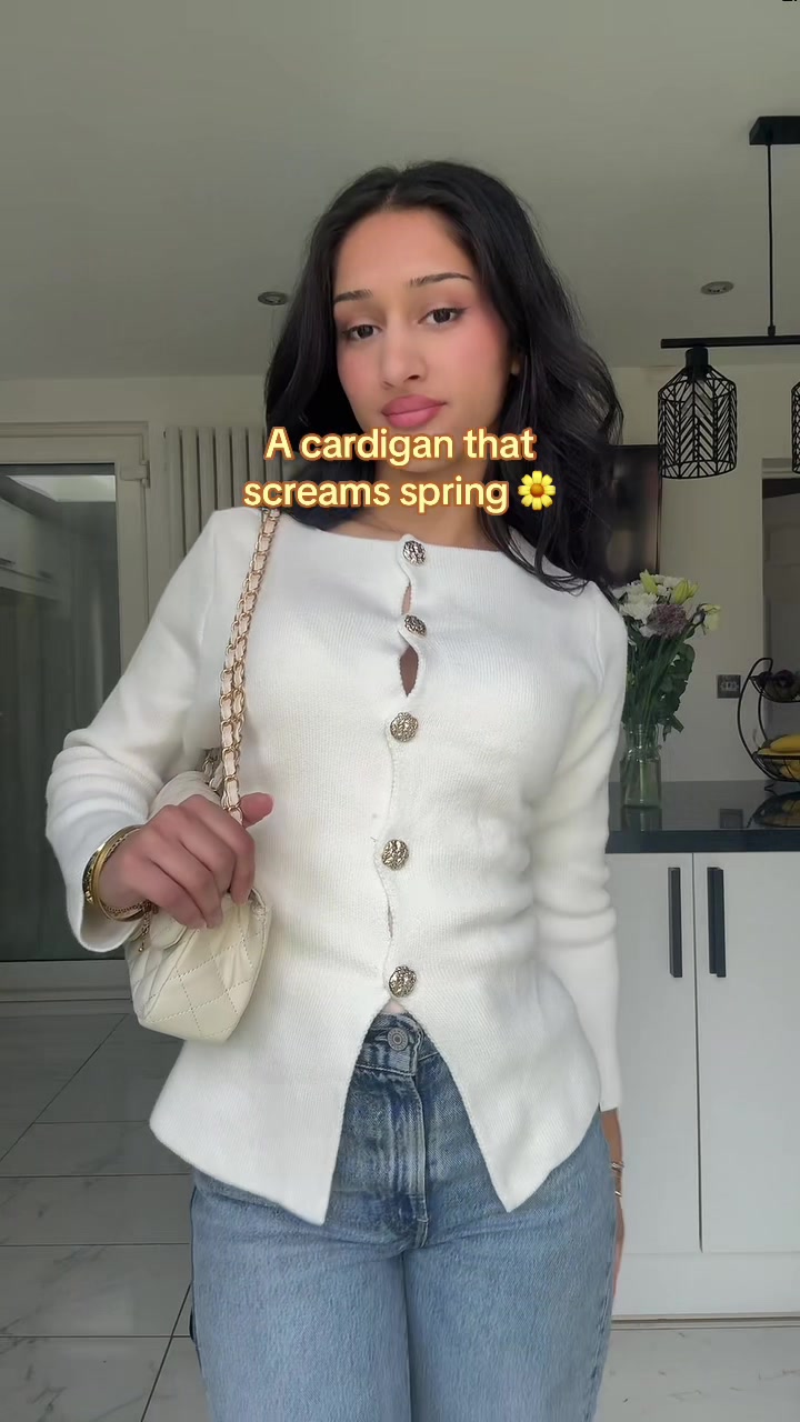 TikTok post by @sonamfinds for emlavish. Caption reads: [...] this cardigan all spring round🌼🤍 @emlavish....
