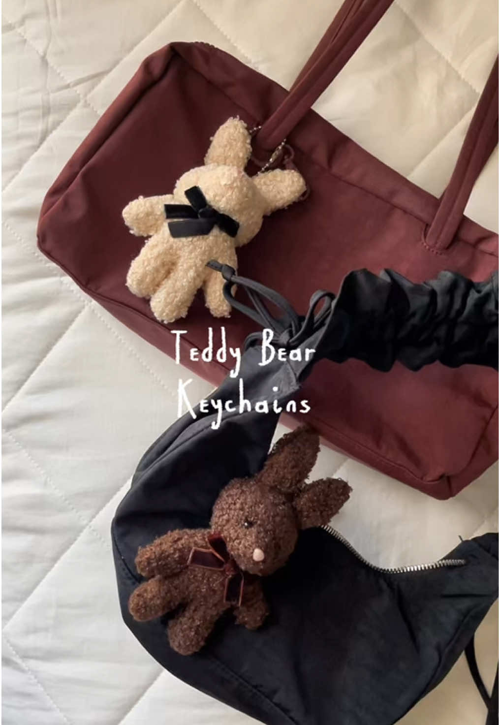 TikTok post by @angelinerichard for BAGGU. Caption reads: Teddy Bear Bunny keychains #keychain #baggu @BAGGU.