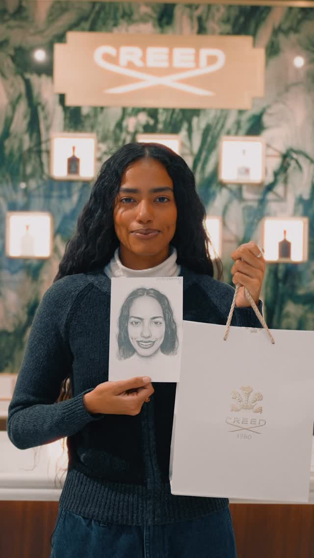 Instagram post by @devonrodriguezart for Creed Fragrance. Caption reads: Had a great time drawing Michelle at....