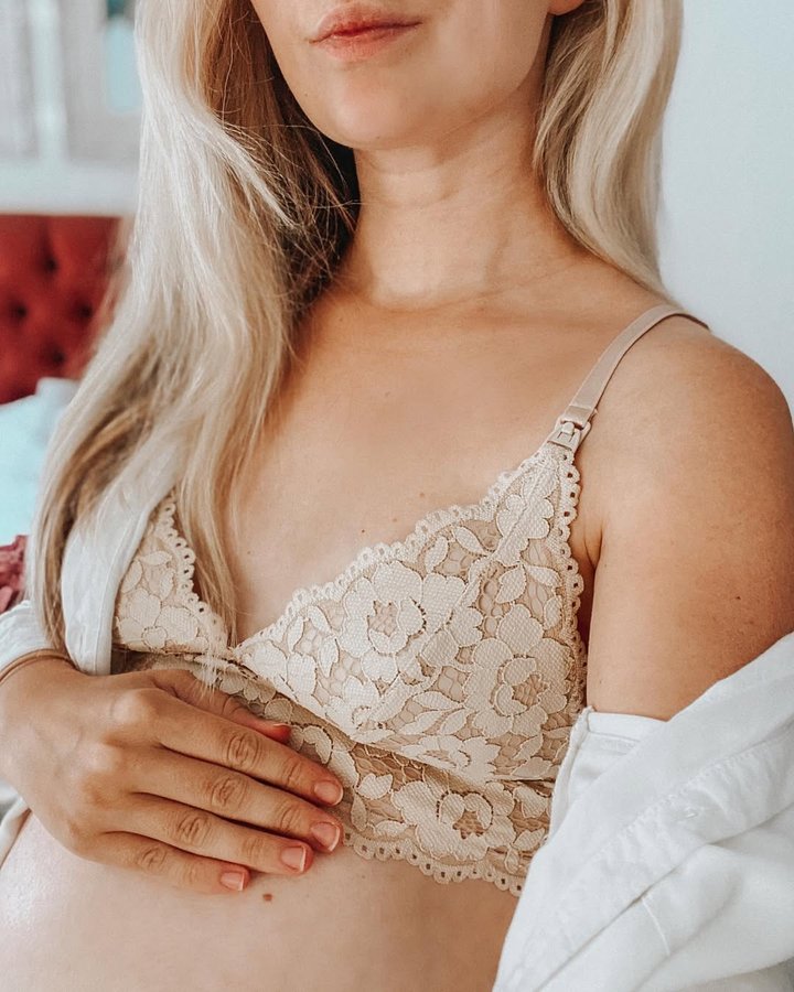Instagram post by @saffronworsell for MORROW+MINT. Caption reads: How beautiful is the detail on this nursing bra,....