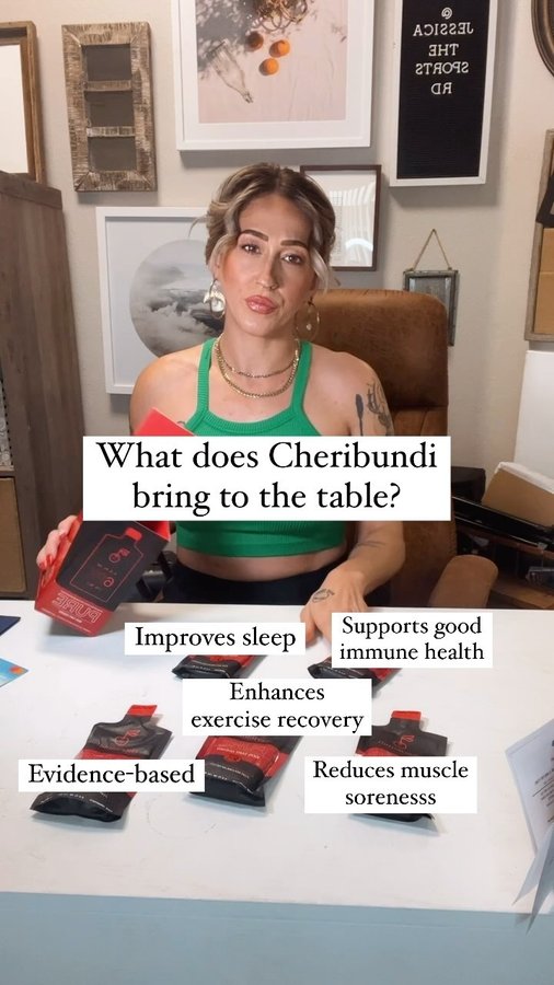 Instagram post by @jessicathesportsrd for Cheribundi. Caption reads: Why is @cheribundi tart cherry juice 🍒 one of my....