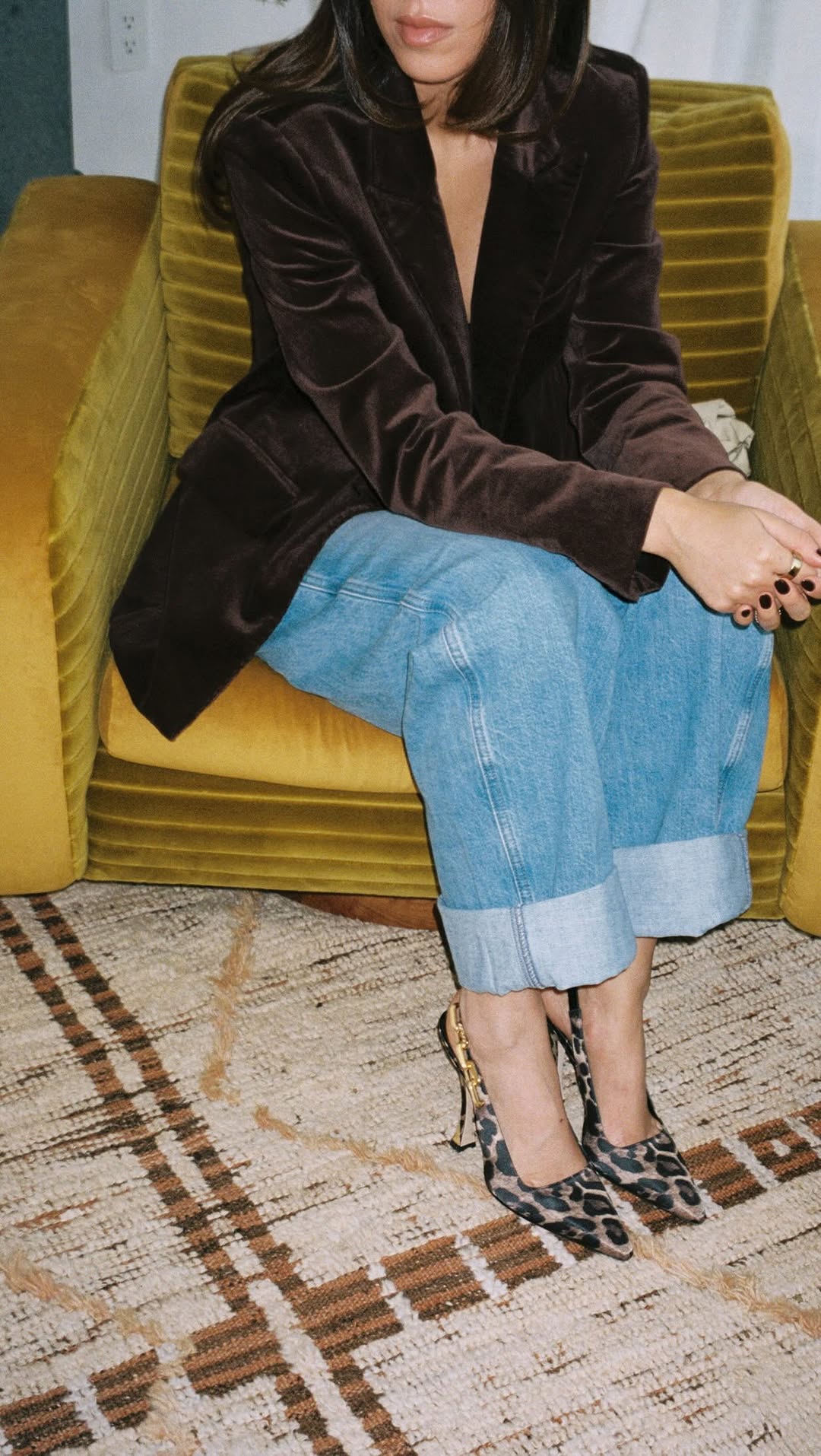 Instagram post by @taniasarin for AG Jeans. Caption reads: [...] night in this velvet and denim combo! ✨....