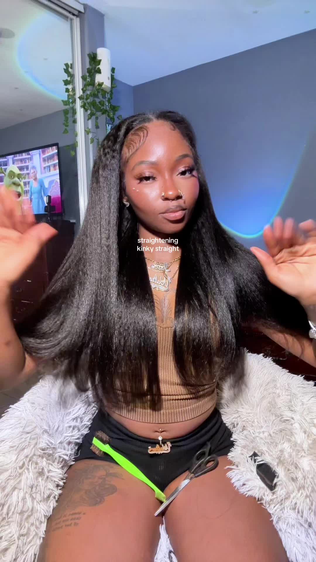 TikTok post by @taywaltari for Nadula. Caption reads: new scalp look v part kinky straight wig 24'' - ....