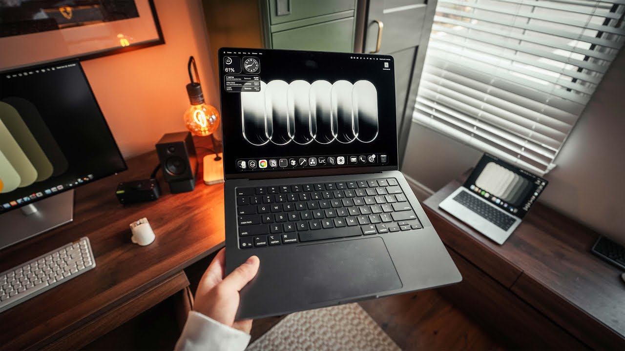 YouTube post by @andresvidoza for Grovemade. Caption reads: M5 MacBook Pro - Should YOU Upgrade?! (M1 Pro Long....