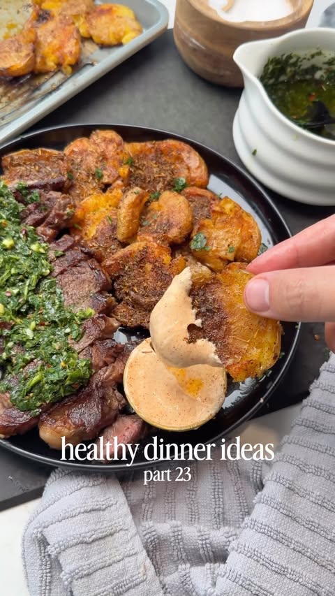 Instagram post by @shredhappens for ButcherBox. Caption reads: 🥩 STEAK, CRISPY SMASHED POTATOES & CHIMICHURRI I....