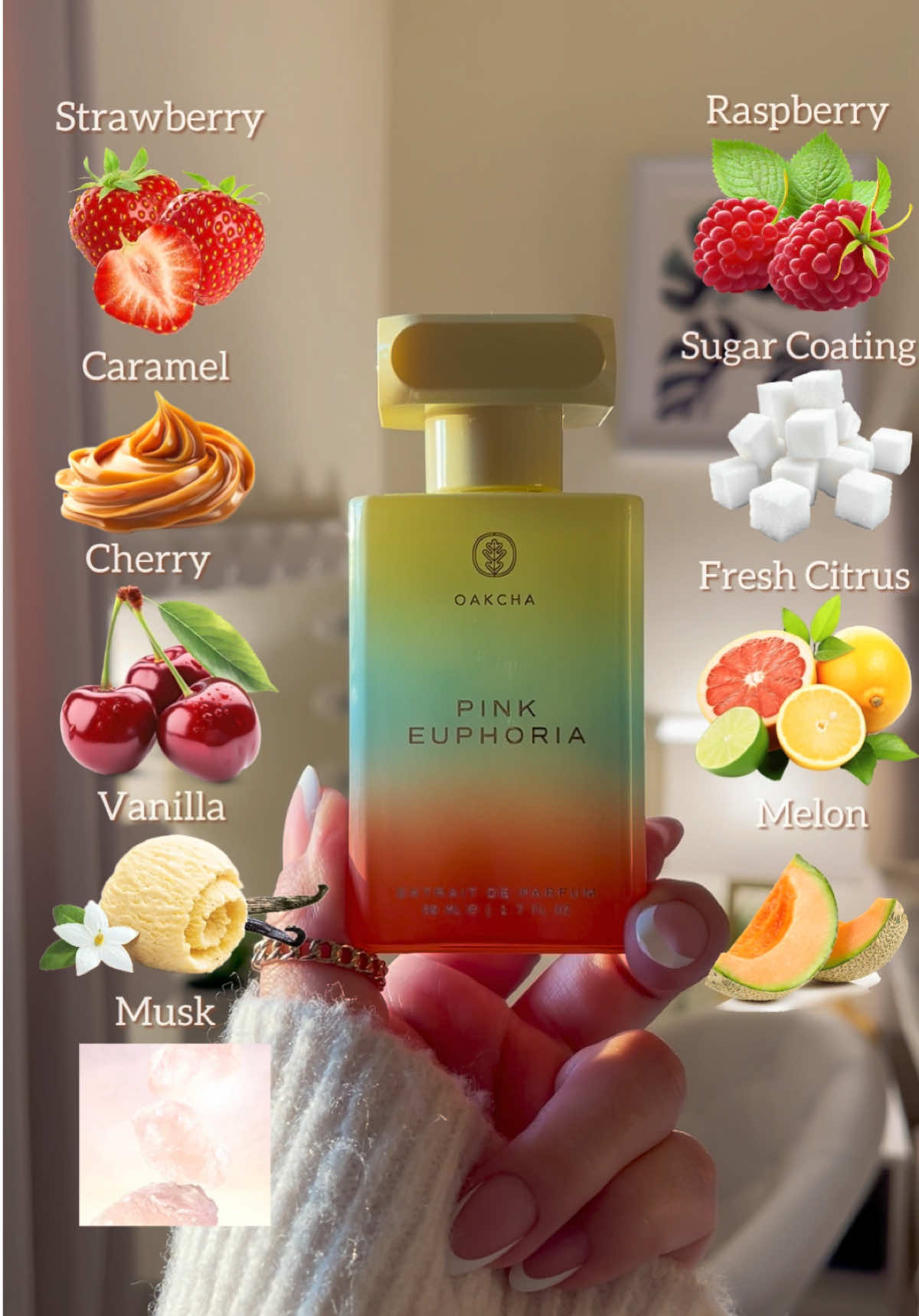 TikTok post by @gabbyfragrances for Oakcha. Caption reads: Pink Euphoria 🍭🍓🍊@Oakcha    If you want to....