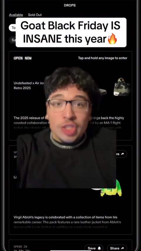 Instagram post by @bevinsalt for GOAT. Caption reads: @goat Black Friday is officially back! Starting....