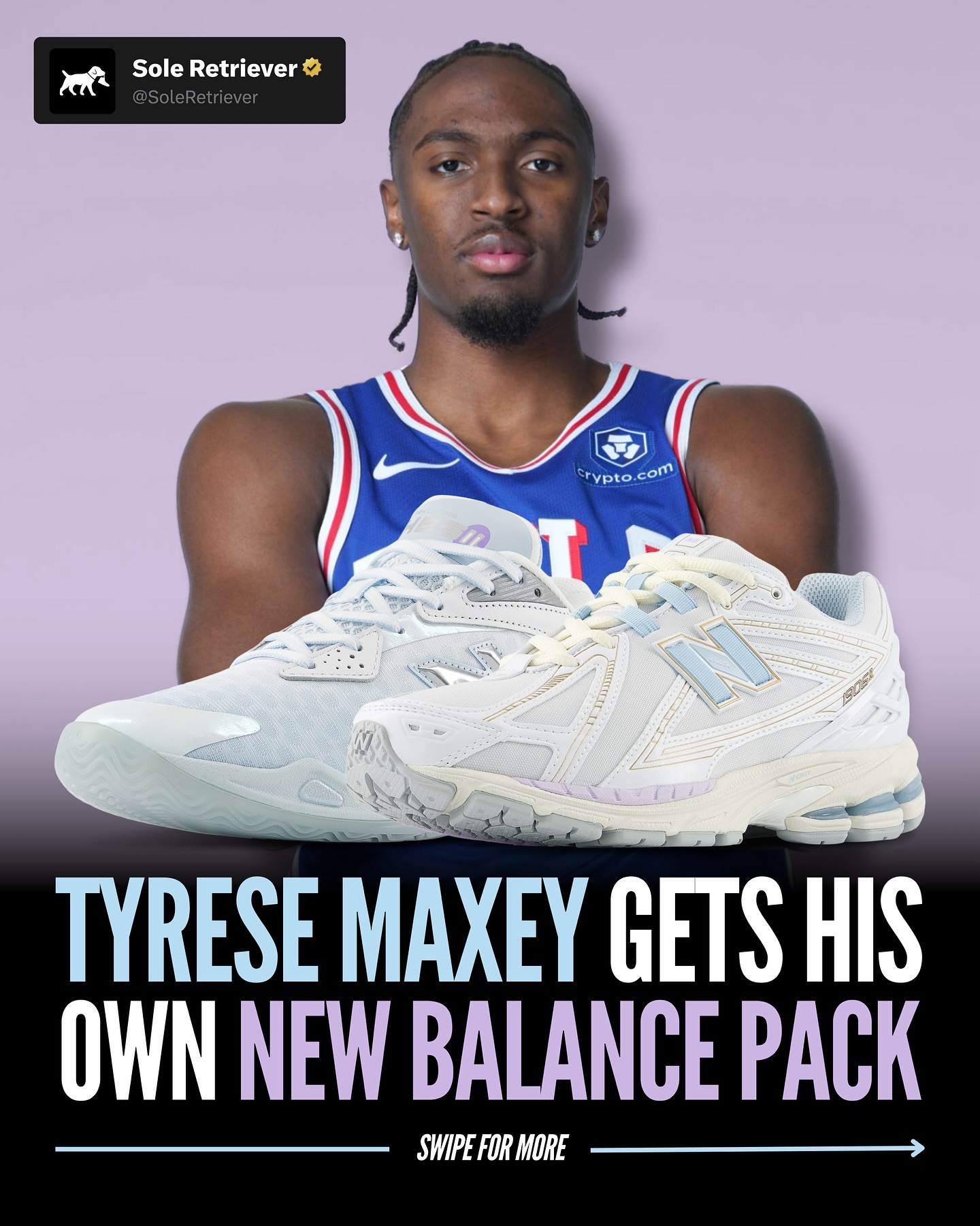 Instagram post by @sixercountry for New Balance. Caption reads: @Sixers star @TyreseMaxey is getting his own....