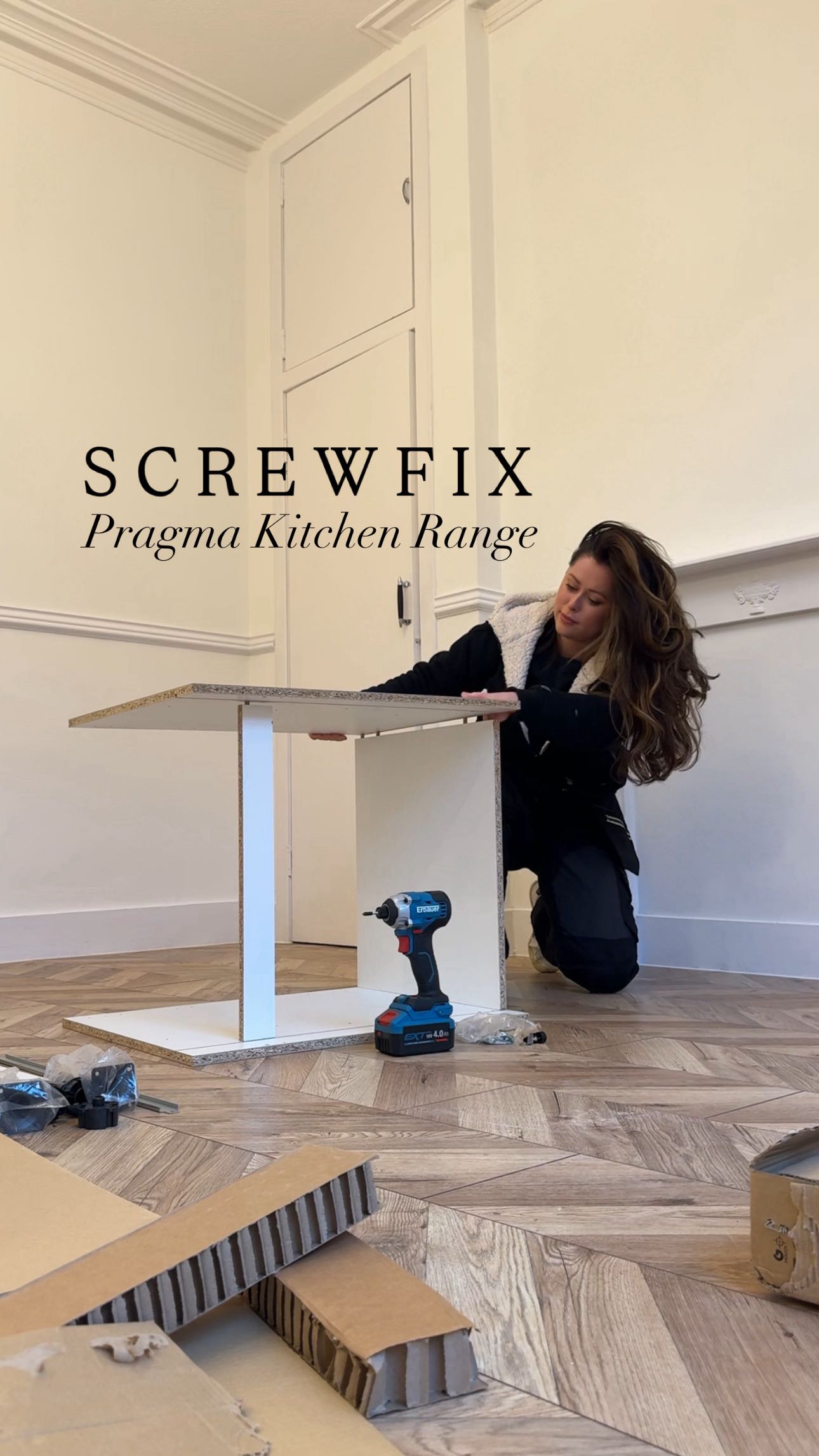 Instagram post by @renovate_with_emma for Screwfix. Caption reads: Budget kitchen transformation: before & after....