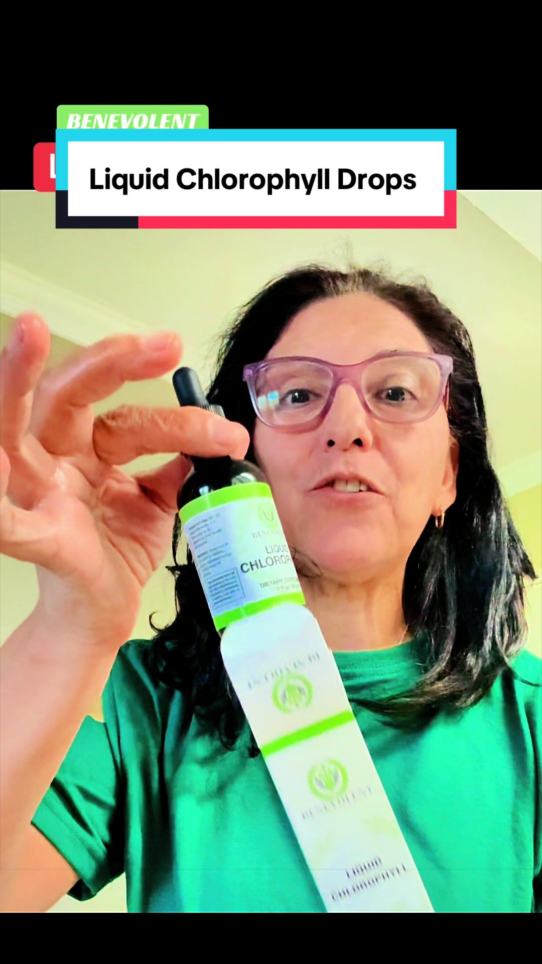 TikTok post by @alexaava3 for Benevolent Nourishment. Caption reads: Liquid Chlorophyll Drops Healthcare Supplement....