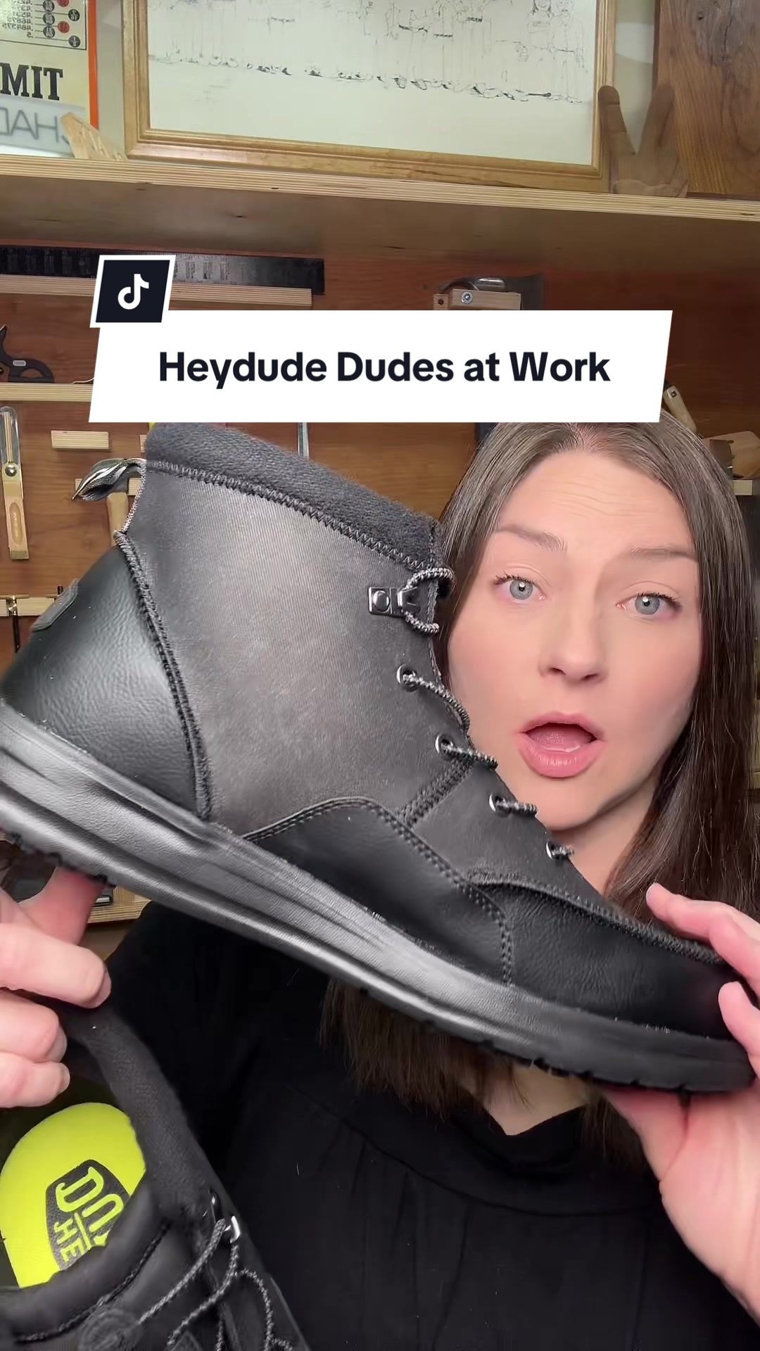 TikTok post by @emndadventures for HEYDUDE. Caption reads: [...] shoes that WORK.🔥 @HeyDude #workboots....