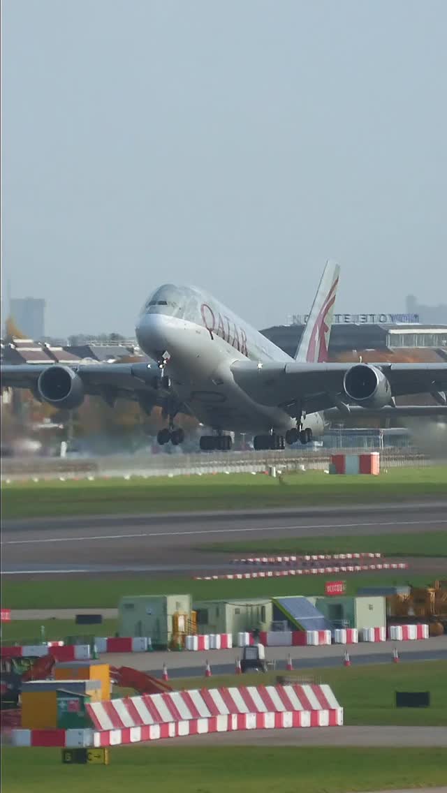 Instagram post by @elemer.aviation for Qatar Airways. Caption reads: Qatar Airways Airbus A380 departs from London....