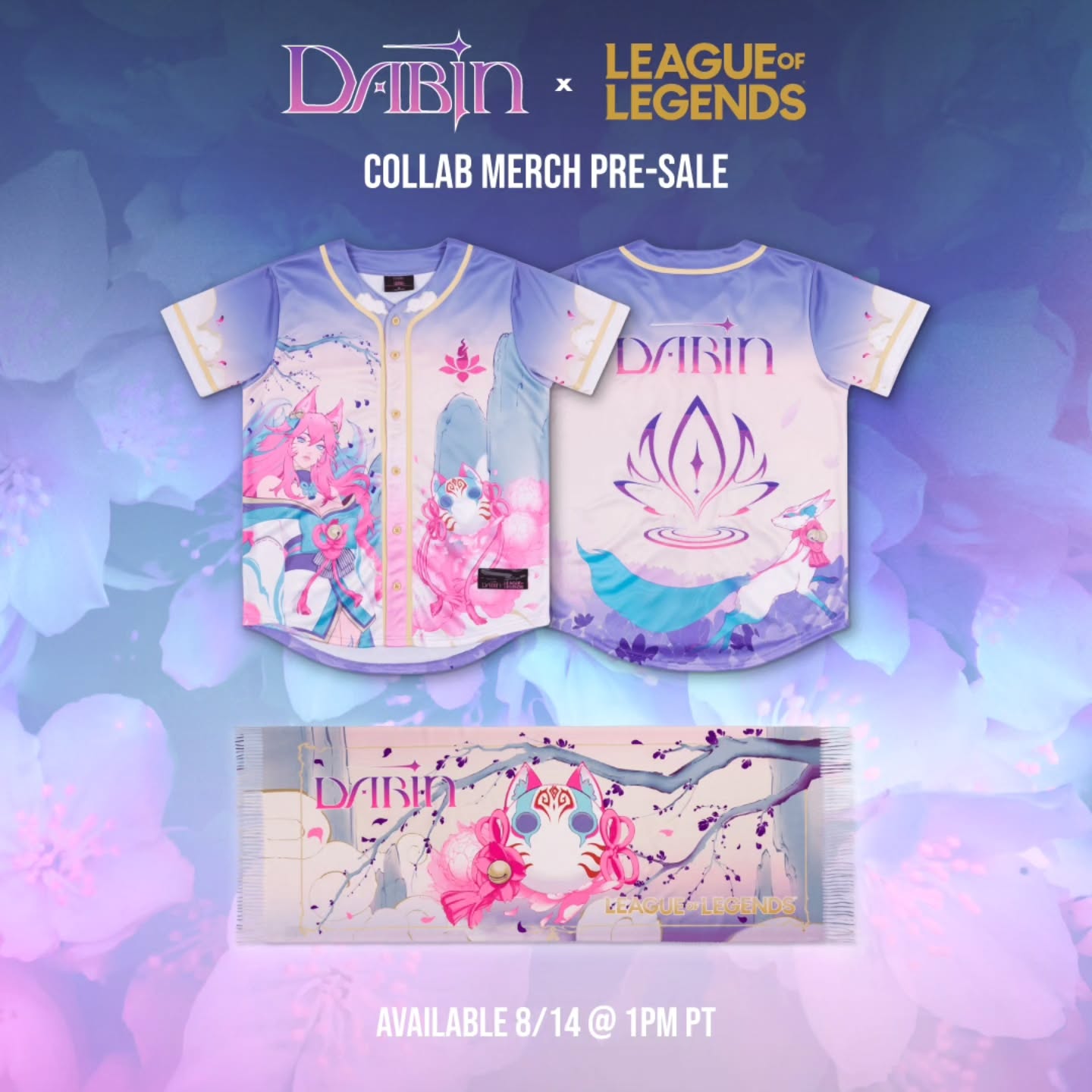 Instagram post by @dabinmusic for League of Legends. Caption reads: DABIN x LEAGUE OF LEGENDS SPIRIT BLOSSOM MERCH....