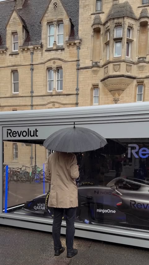 Instagram post by @oxfordstory for Revolut. Caption reads: The Audi Revolut F1 Team Car has arrived in Oxford....