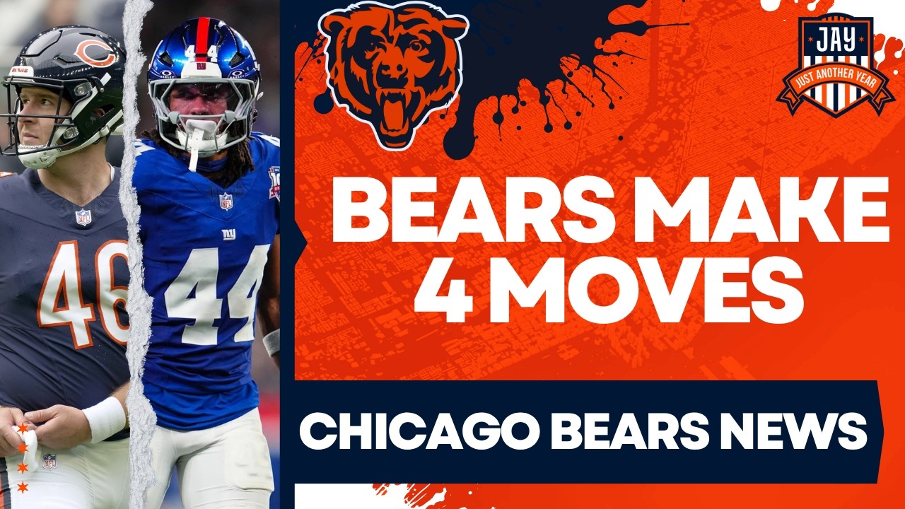 YouTube post by @JAYChi_Bears for PrizePicks. Caption reads: Chicago Bears Make 4 NEW GOOD MOVES | Sign 2....