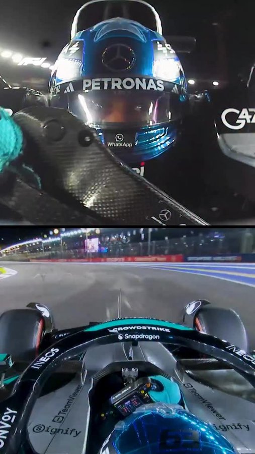 Instagram post by @georgerussell63 for Pirelli. Caption reads: [...] @georgerussell63 @mercedesamgf1....