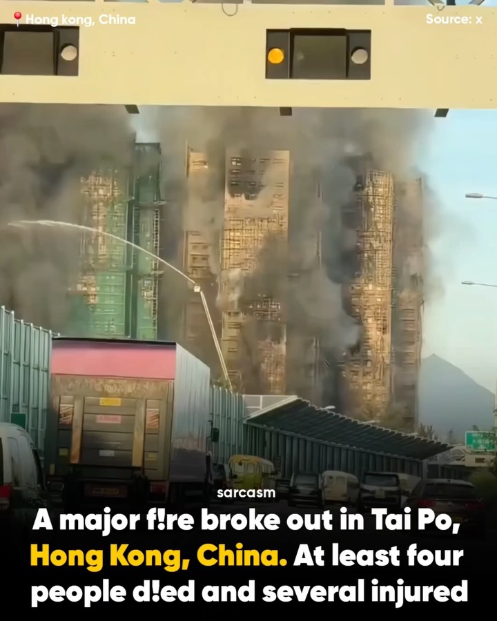 Instagram post by @sarcastic_us for Reuters. Caption reads: ❗️🇭🇰 Real hell in Hong Kong: fire engulfs....
