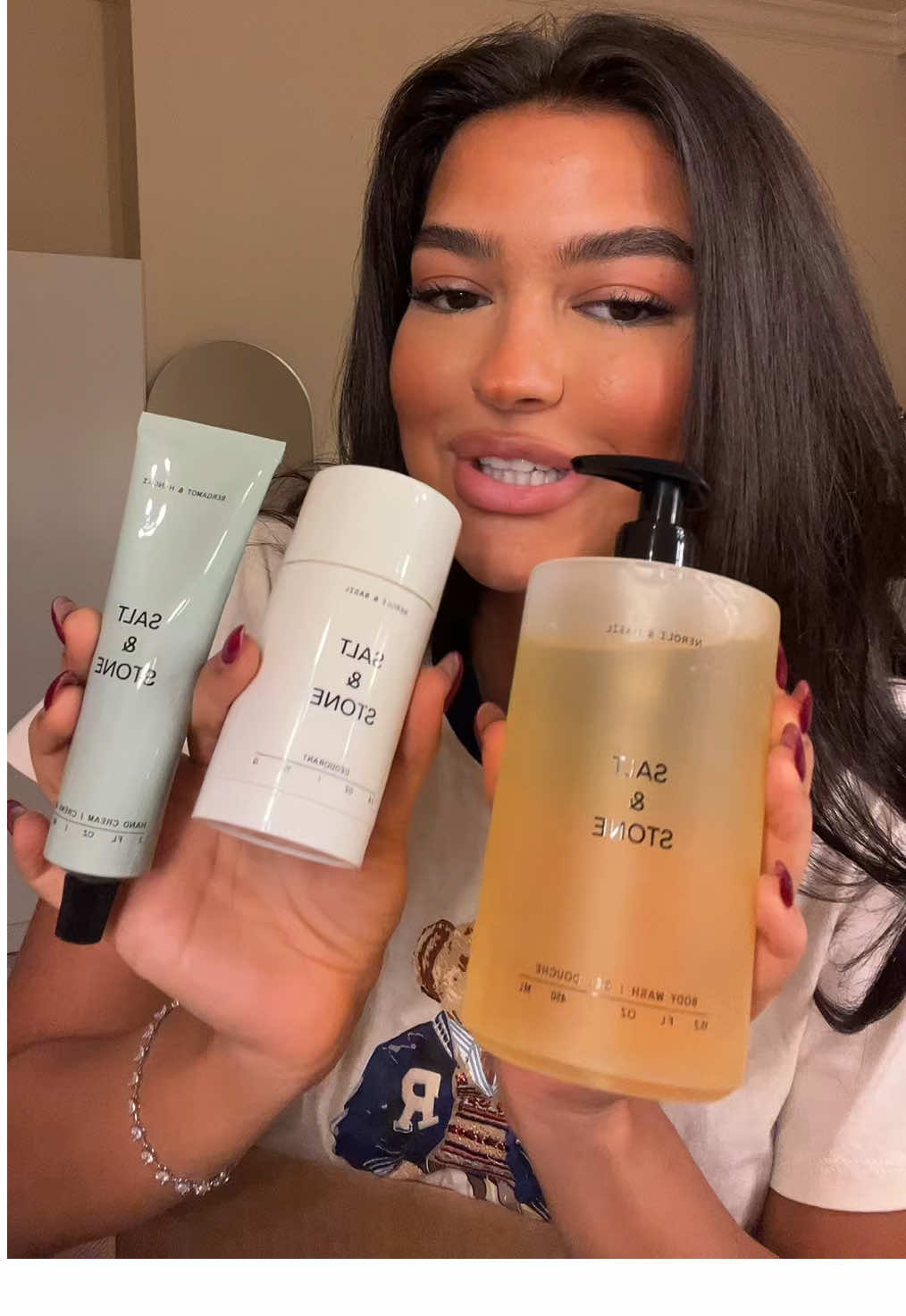 TikTok post by @dana.nn for SALT & STONE. Caption reads: Recreating that spa shower at home @SALT & STONE....