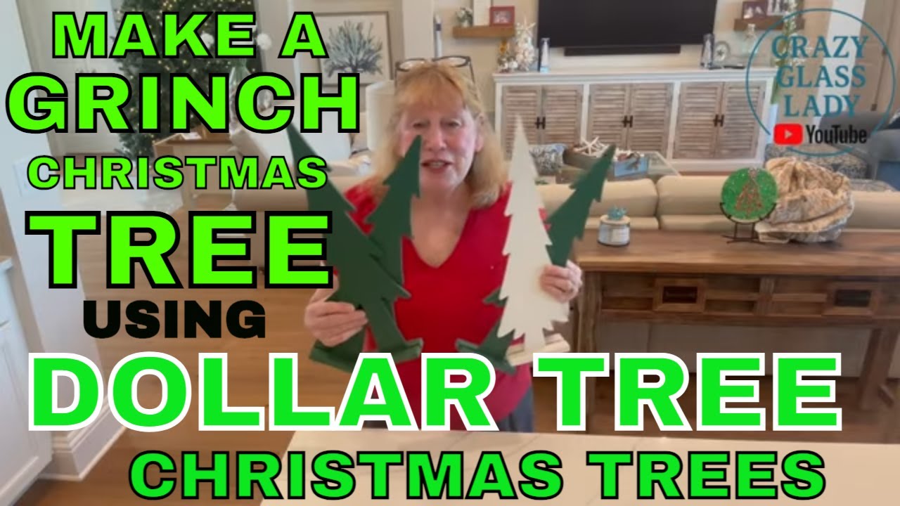 YouTube post by @crazyglasslady for Resiners. Caption reads: Grinch Christmas tree from the Dollar Tree wood....