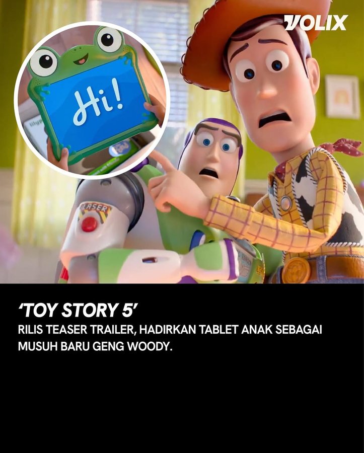 Instagram post by @volix.media for Pixar. Caption reads: Teaser trailer dan poster perdana ‘Toy Story 5’....