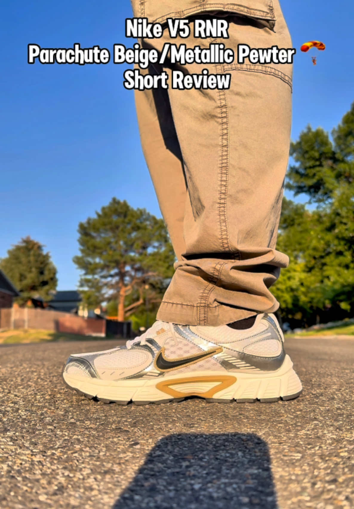 TikTok post by @sneakrtweakr for Nike. Caption reads: Nike V5 RNR “Parachute Beige Metallic [...].