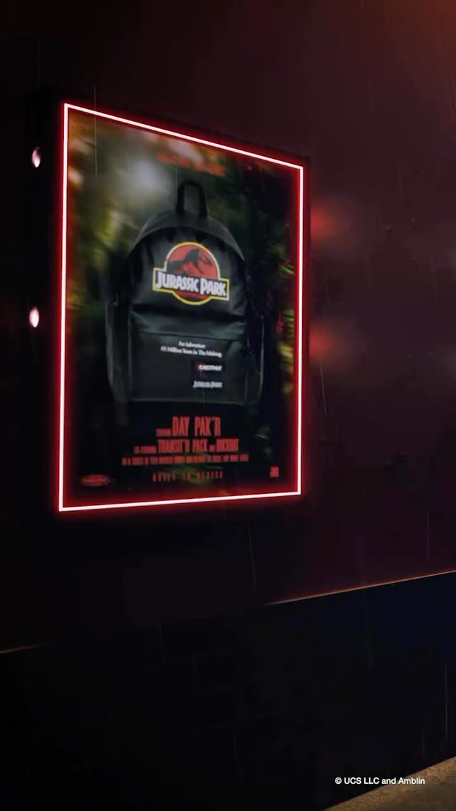 Instagram post by @jurassicyourworld for Eastpak. Caption reads: Now playing: Jurassic Park x @eastpak collection.....