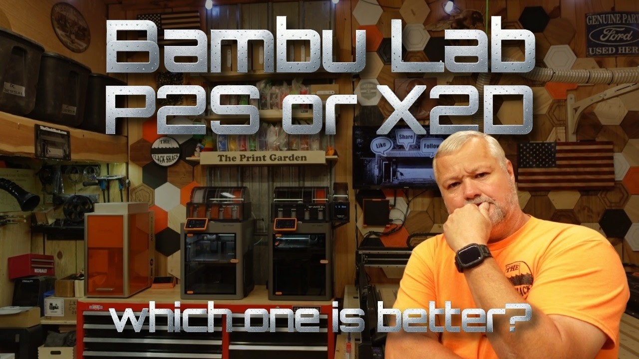 YouTube post by @TheClackShack for Fashion Force Finds. Caption reads: Bambu Lab P2S or X2D ? Which is better?.