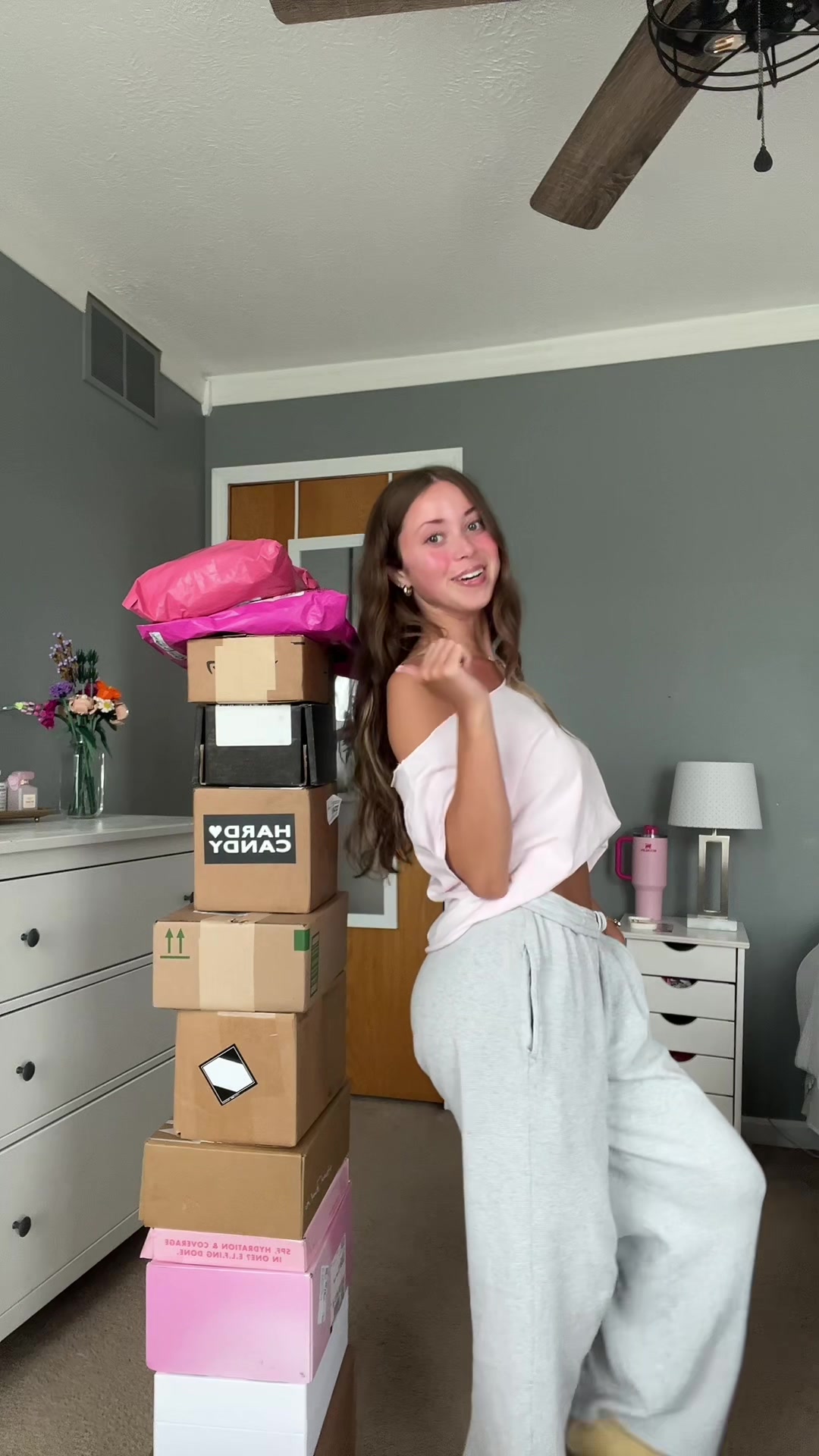 TikTok post by @ashleycosticgrwm for I Dew Care. Caption reads: yayyy haul time📦 #pr #prhaul #prpackage #unboxing....