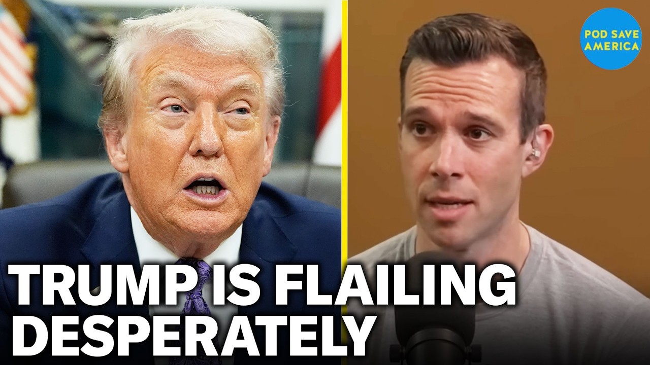 YouTube post by @podsaveamerica for SimpliSafe. Caption reads: Trump FLAILS To Turn Around His BOTCHED Presidency.