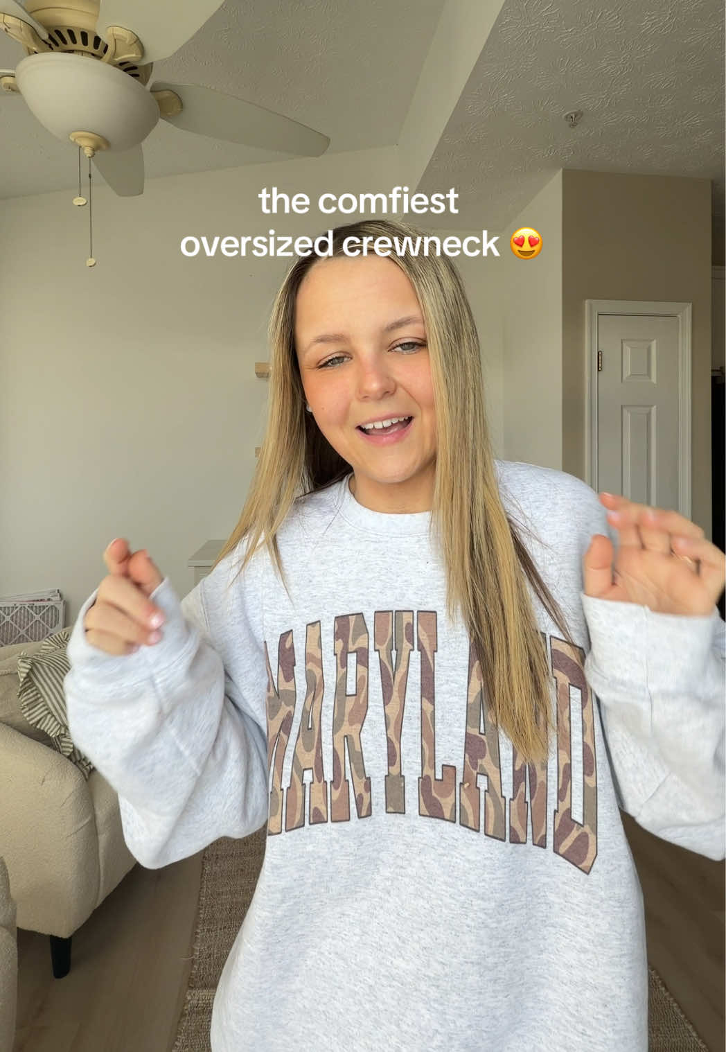 TikTok post by @laurenderham for PartyOnShop. Caption reads: [...] #camoprint #sweatshirt @PartyOnShop.
