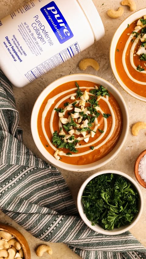 Instagram post by @colorful_superfoodie for Pure Encapsulations. Caption reads: Sweet Potato Curry Soup 🧡....