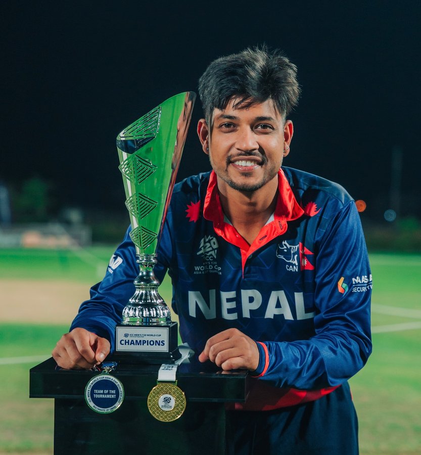Instagram post by @sandeep_lamichhane25 for ICC T20 World Cup. Caption reads: Can’t put this feeling into words.🇳🇵

Every time....