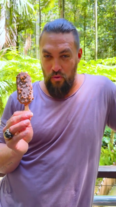 Instagram post by @momoaholik for Nuii Icecream. Caption reads: #repost Jason Momoa tiktok How do you eat your....