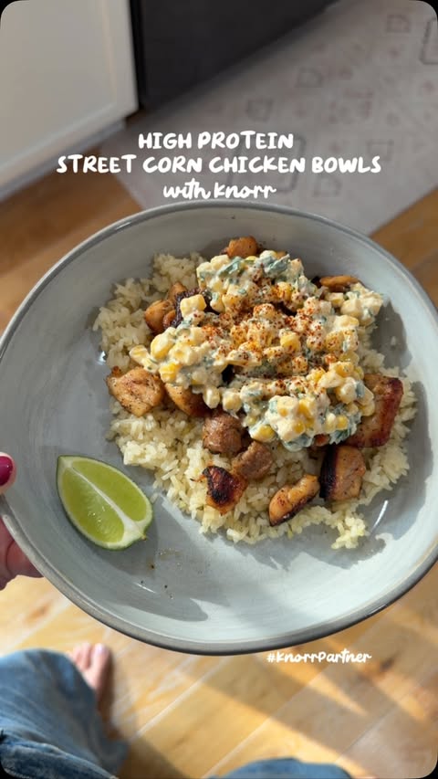 Instagram post by @mrs.mlwilliams for Knorr US. Caption reads: High Protein Street Corn Chicken Bowls: For the....
