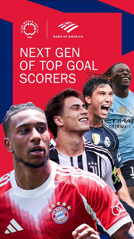 Instagram post by @fifaclubworldcup for Bank of America. Caption reads: Next Gen on the 📈 #TopGoalScorer presented by....
