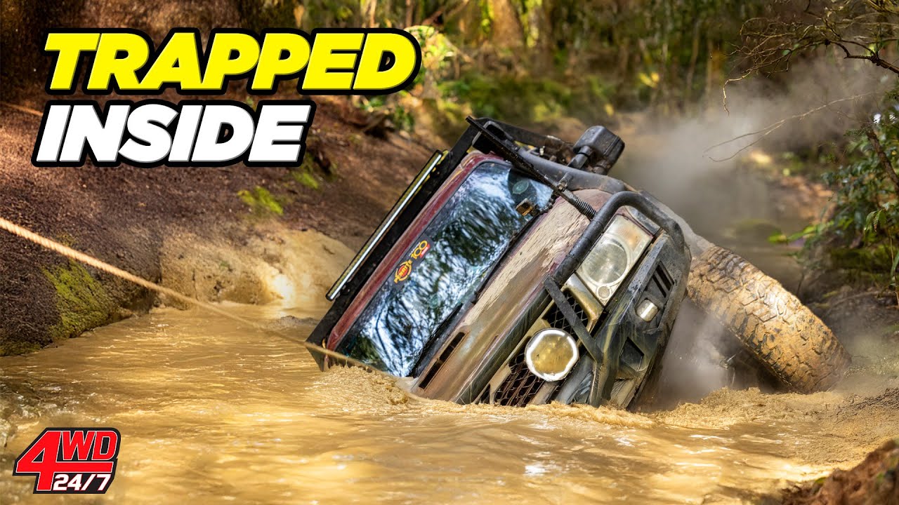 YouTube post by @4WD247 for Dometic. Caption reads: TRAPPED in a ROLLED 4WD – Water rushing in windows.
